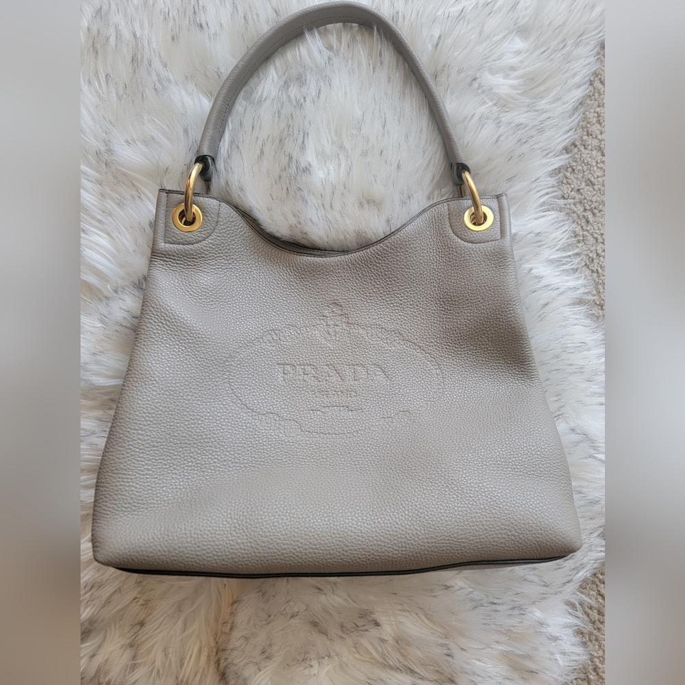 Prada Gray Leather Shoulder Bag with Gold Tone Hardware